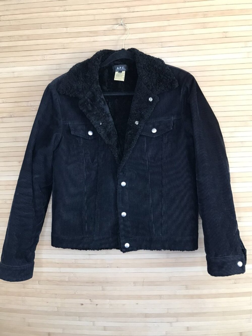 A.P.C. Womens Trucker Jacker Sz L Large Black Corduroy Shearling Collar Lining